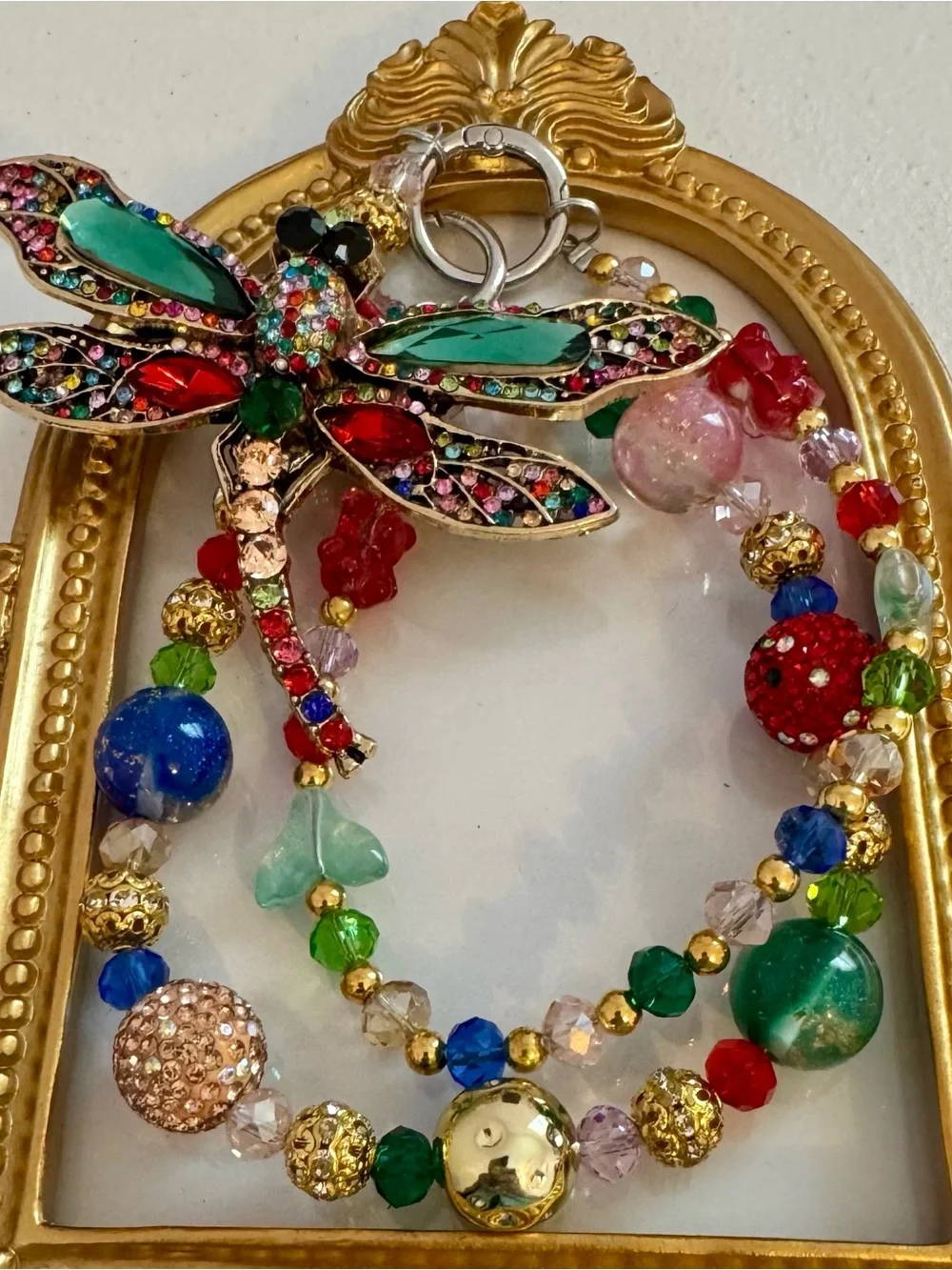 New Multicolor Crystal Dragonfly Charm Phone Chain - Gold Accents
